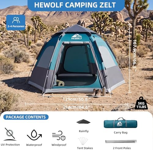 Hewolf 2/3/4 Person Camping Tent - Instant Pop Up Waterproof 2 Doors Tent with Easy Setup | 3-Season Hexagonal Dome Design for Family, Hiking & Traveling
