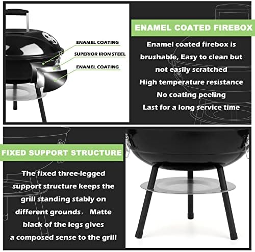 14 inch Charcoal Grill, Joyfair Small Portable Camping BBQ Kettle Grill