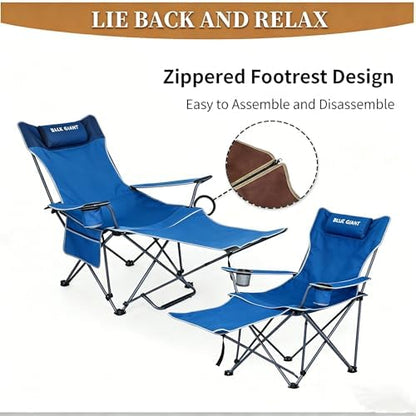 2 Pack Adjustable Folding Camping Chairs with Detachable Footrest and Headrest, Lightweight and Portable, Ideal for Hiking, Travel, Fishing and Outdoor Activities (Blue)