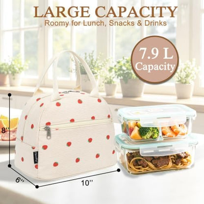 FlowFly Insulated Lunch Bag for Women – Corduroy Lunch Tote Box, Cute Cooler Bag for Work, Travel, Picnic, Corduroy Strawberries Beige