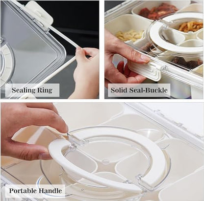 Divided Veggie Tray with Lid and Handle 8 Compartment Serving Tray with Dividers Portable Travel Snack Containers Stackable Snackle Box Charcuterie Container for Fruit,Vegetable,Salad