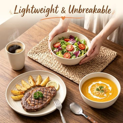 Wheat Straw Dishes Set Service for 8, Reusable Plastic Dinnerware Set 32 PCS, Kitchen Plates and Bowls sets, Unbreakable Microwave and Dishwasher Safe Camping Dishes for RV, Outdoor - Beige