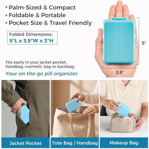 Foldable Portable 7 Day Pill Organizer 2 Times a Day, AM PM Weekly Pill Box