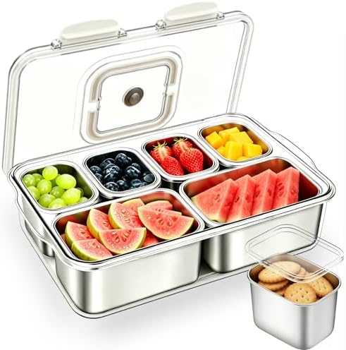 Snackle Box Container, Stainless Steel Divided Serving Tray with Lid and Handle, Large Snack Tray for Fruit Veggie Candy, 6-Compartment Snack Platter for Travel Party Beach Picnic