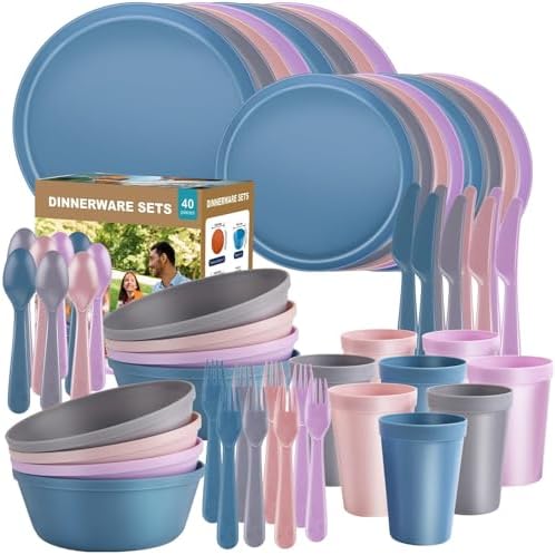 40 Piece Plastic Dinnerware Set for 8 with Cutlery, Unbreakable Plates and Bowls Set, Dishwasher & Microwave Safe Reusable Dish Set for Camping, RV, Outdoor Kitchen, Apartment Dining,Pastel Multicolo