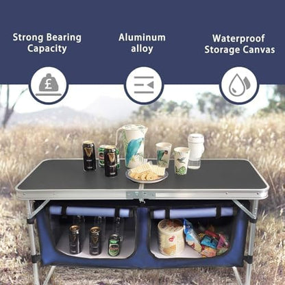 Folding Camping Table with Storage Compartment Aluminum Lightweight Camp Kitchen Table Height Adjustable Indoor/Outdoor Table Perfect for Tailgating, Backyards, BBQ,Picnic, Black