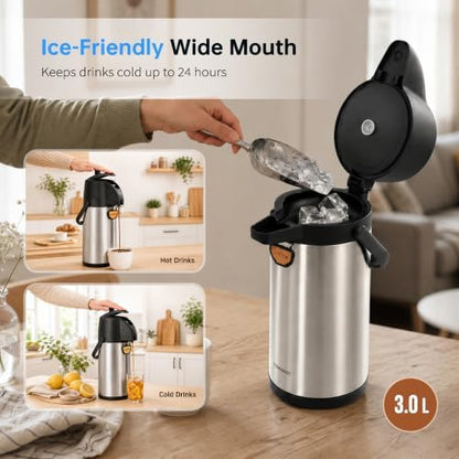 TOMAKEIT Airpot Coffee Dispenser Thermal with Pump,3L/102 Oz Insulated Stainless Steel Large Airpot Coffee Carafe Lever Action for Hot/Cold Water,Thermal Carafe for Hot Cocoa for Parties