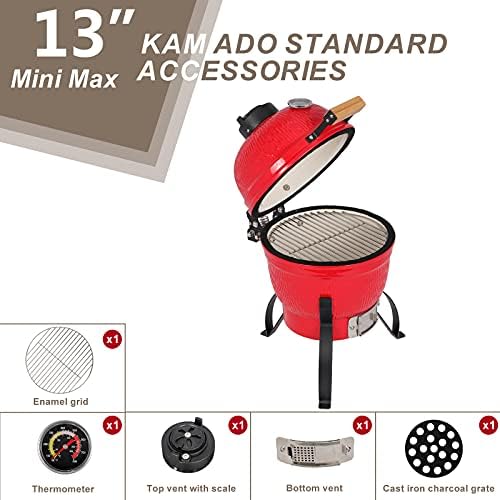 Outvita Ceramic Grill, 13" Round Kamado Charcoal with Thermometer, Red
