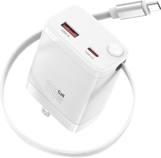 30W Retractable Wall Charger with USB C Cable 2.1FT, 2-Port USB Block 3 in 1 Travel Essentials,for iPhone Charger Fast Charging Plug for iPhone 16/15 Series, iPad, LG, Samsung-Only 1Pcs