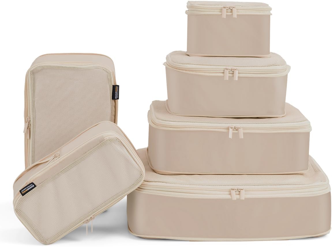 6 Set Compression Packing Cubes for Travel, Large Medium Small Luggage Organizers, Storage Bags for Clothes (6 Pack, Classic Khaki)
