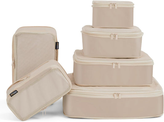 6 Set Compression Packing Cubes for Travel, Large Medium Small Luggage Organizers, Storage Bags for Clothes (6 Pack, Classic Khaki)