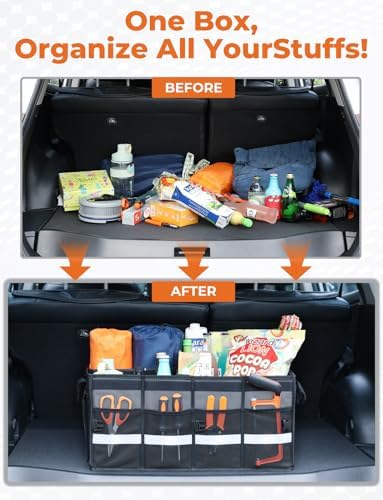 Oasser Car Trunk Organizer with Foldable Soft Lid, 55L 3 Compartments Grey