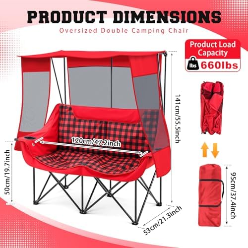 Teenyyou Double Camping Chair with Canopy 660lbs Heavy Duty, Red Plaid