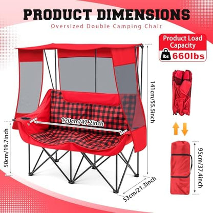 Teenyyou Double Camping Chair with Canopy 660lbs Heavy Duty, Red Plaid