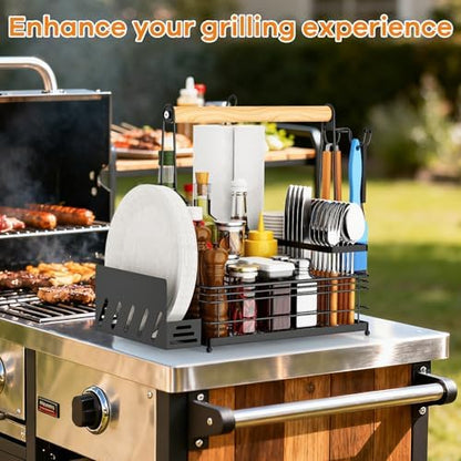 JBBTOOL Grill Caddy, BBQ Caddy with Paper Towel Holder & Utensil Holder, Picnic Caddy Organizer for Outdoor Cooking, Camping Essentials, Tailgating, Camping Must-Have for Patio, RV, Camper