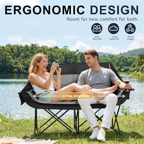 Double Camping Chair 2 Person Loveseat, 800LBS Heavy Duty Chair, Grey