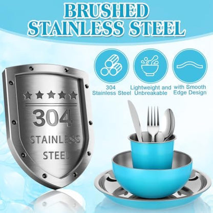Jinei 24 Pcs Stainless Steel Camping Dinnerware Set for 4,Blue
