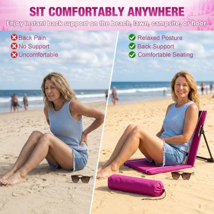 2pack Foldable Floor Chair with Back Support Folding Beach Chair, Rose Red