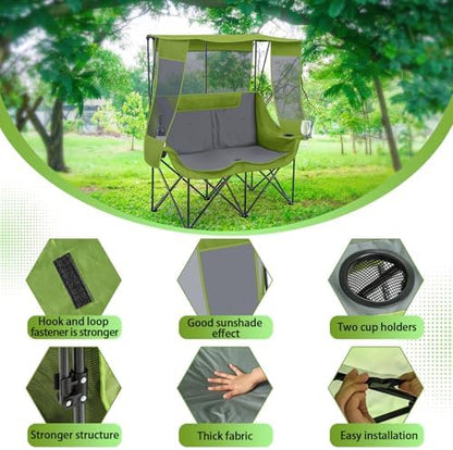 Teenyyou Double Camping Chair with Canopy 660lbs Heavy Duty, Geen and Grey