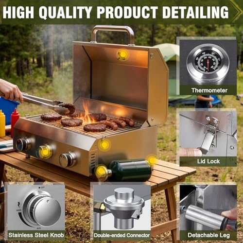Bestfire 3-Burner Tabletop Gas Grill, Dual Connections, 30,000 BTU Portable Propane Grill, Knobs&Stainless Steel Grates, Compact & Detachable Legs for Camping, RV, BBQ