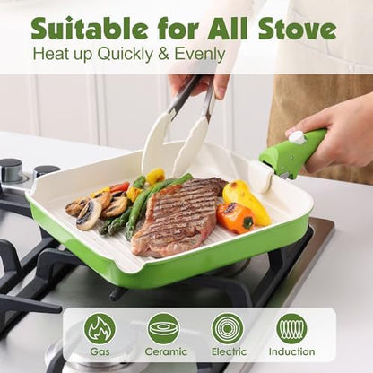 SENSARTE 17 Piece Ceramic Detachable Handle Pots and Pans Set Green