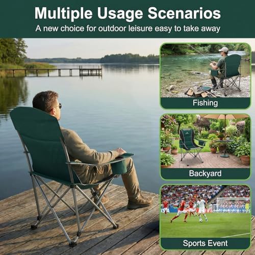 2 Pack Camping Chairs for Adults - Oversized Folding Lawn Chair with Angled Backrest,Heavy Duty 400lbs,Padded Camp Chairs with Cup Holder Side Pocket Cooler Bag for Outdoor,Sports,Beach,Fishing,Green