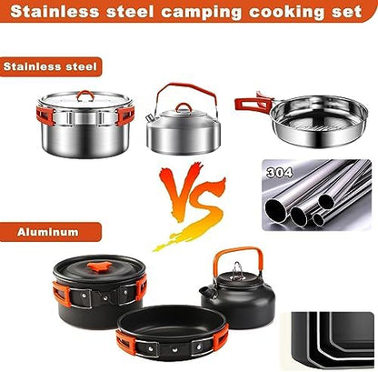 304 Stainless Steel Camping Cookware Set - Mess Kit with Pots, Pans, Kettle, Plates, Forks, Knives, Spoons for 2 People, Perfect for Camping, Picnic, RVs