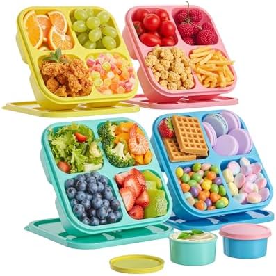 Canfanni 4 Pcs Snack Box Containers Set, Reusable 4 Compartment Lunchable Container with 2Pcs Sauce Containers, Stackable BPA-Free Bento Box for School, Work, Travel (4 Color)