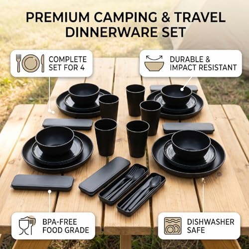 Asixxsix Dinnerware Set for 4, 20 Piece Reusable Plates Bowls and Cutlery Set, Microwave Safe and Dishwasher Safe, with Storage Box for Travel Camping Picnics