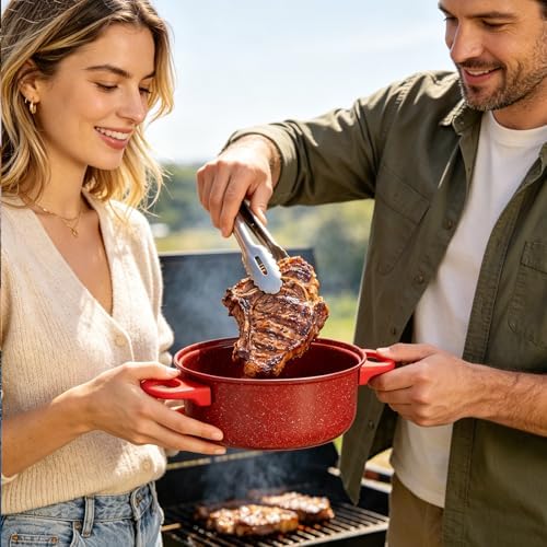 13 Piece Set Non-Stick Cookware Set, Portable Lightweight Cast Iron Pots and Pans with Glass Lids and Nylon Utensils for Outdoor Camping Picnic Travel Cookware