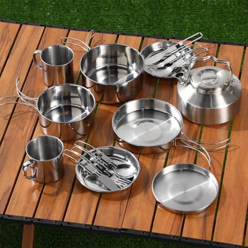 Funnymoom 15 Pcs Camping Cookware Mess Kit Outdoor Cooking Set Stainless Steel with Pot and Pan Kit 2 Set Stainless Steel Cups Plates Forks Knives Spoons for Camping Backpacking Cooking Picnic