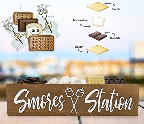 PuGez S'mores Station Box with Handles, Outdoor Kitchen Camping Decor Food Container, Farmhouse Bar Holder Accessories Organizer, Rustic 3D Style Storage Caddy Kit for Fire Pit, BBQ Housewarming Gift