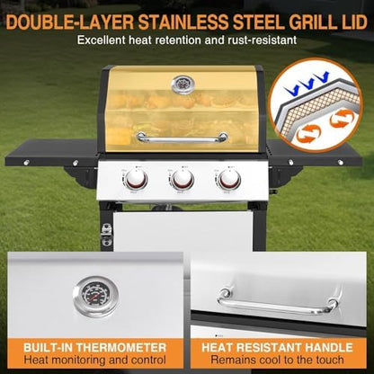 3-Burner Propane Gas Grill with Double-layer Lid, Stainless Steel Hanging Basket & Easy-to-Clean Design – 30,000 BTU BBQ Grill with 2 Folding Sides and Wheels for Outdoor Backyard Patio