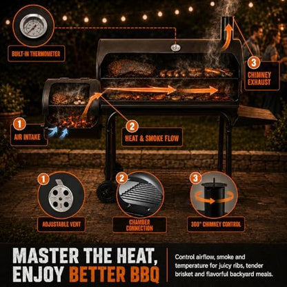 Realcook Charcoal Grill with Offset Smoker: Spacious Barrel Charcoal Grills