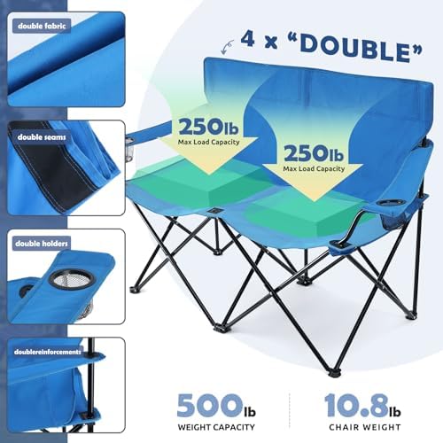 HaSteeL Folding Camping Chair, Double Seat Foldable Camp Chair for 2 Persons, Portable & Large for Outdoor Fishing, Hiking, Travel, Picnic, Beach, Lawn, Patio, Include Storage Bag (Blue)