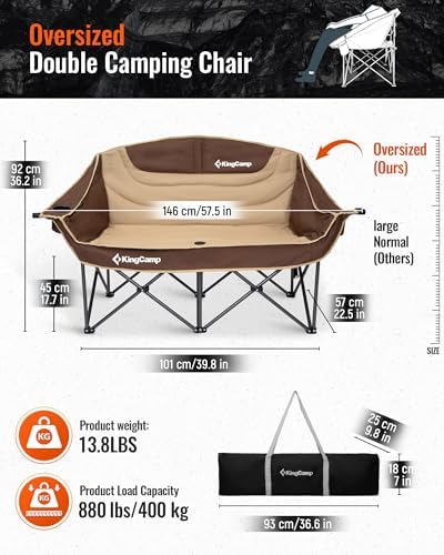 KingCamp Double Camping Chair, Oversized 880lbs Heavy Duty Loveseat XL