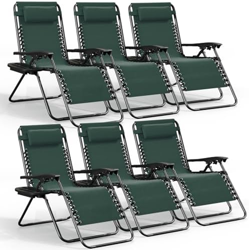 Nestl Zero Gravity Chairs Set of 6, Patio Lounge Chair Outdoor with Pillows & Cup Holder Trays, Adjustable Steel Mesh Reclining Camping Chair, Folding Patio Lawn Chair for Deck, Beach - Forest Green