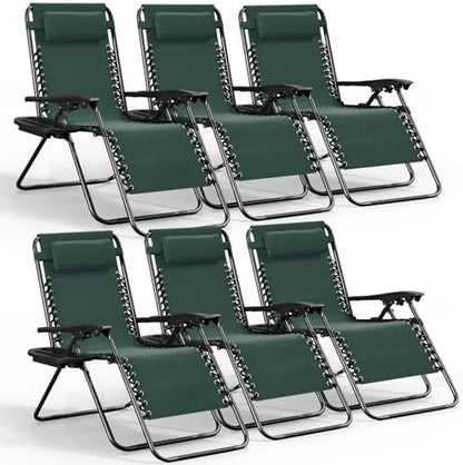Nestl Zero Gravity Chairs Set of 6, Patio Lounge Chair Outdoor with Pillows & Cup Holder Trays, Adjustable Steel Mesh Reclining Camping Chair, Folding Patio Lawn Chair for Deck, Beach - Forest Green