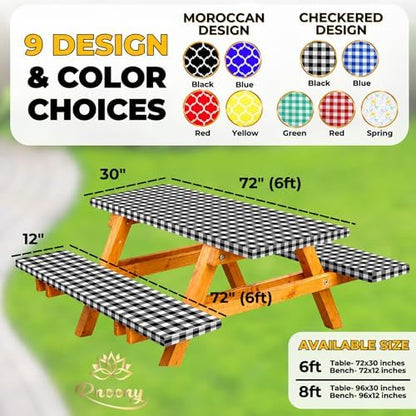 Premium Vinyl Fitted Picnic Table Cover with Bench Covers & Bag, Outdoor Waterproof & Windproof Durable Tablecloth with Elastic Edges, Camping Essentials, RV Gear, 72x30 Inches, Black Checkered - 6 FT