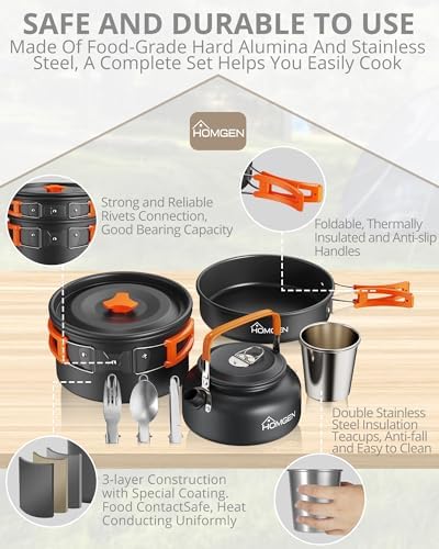 HOMGEN Portable Ultralight Anodized Aluminum Camping Cookware Set - Nesting Camping Pot and Pan-800ml Insulated Teapot-Carrying Bag-for Camping Hiking Picnic RV Trip