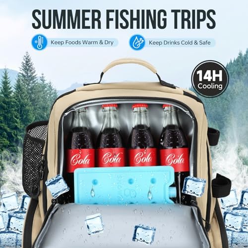 PLUSINNO Cooler Fishing Backpack with Rod Holders 45L Large Water-resistant Fishing Tackle bag Store Fishing Gear Fishing Gifts for Men Father