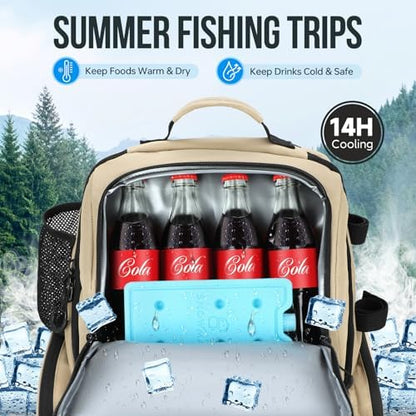 PLUSINNO Cooler Fishing Backpack with Rod Holders 45L Large Water-resistant Fishing Tackle bag Store Fishing Gear Fishing Gifts for Men Father