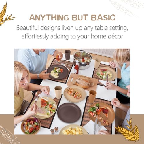 Teivio 32-Piece Kitchen Plastic Wheat Straw Dinnerware Set, Service for 8, Dinner Plates, Dessert Plate, Cereal Bowls, Cups, Unbreakable Colorful Plastic Outdoor Camping Dishes, Desert