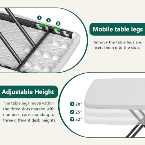 Folding Table- Small Desk Adjustable Height TV Tray for Laptop, Couch, Camping - Heavy Duty Utility Foldable Table for Small Spaces, No Assembly Required, White Granite (White, 30in-2pack)