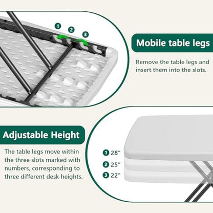 Folding Table- Small Desk Adjustable Height TV Tray for Laptop, Couch, Camping - Heavy Duty Utility Foldable Table for Small Spaces, No Assembly Required, White Granite (White, 30in-2pack)
