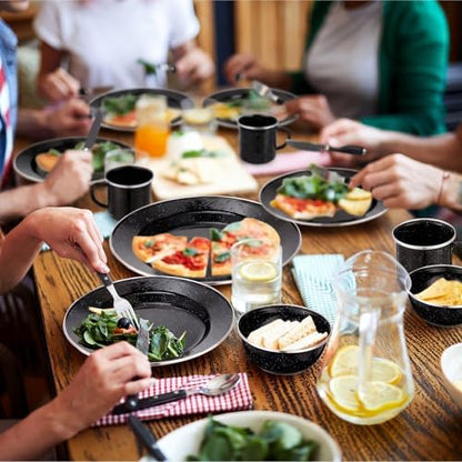 Nuogo 48 Pcs Camping Dinnerware Enamel Mugs Plates Bowls Utensils, Black