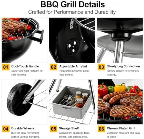 18-inch Charcoal Grill Kettle grill: Black Portable grill with stainless steel grilling net - backyard barbecue party grill (18inch)