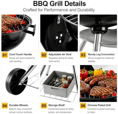 18-inch Charcoal Grill Kettle grill: Black Portable grill with stainless steel grilling net - backyard barbecue party grill (18inch)