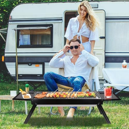 KOCASO Foldable Charcoal BBQ Grill with Shelf Stainless Steel Grill Net Easy Setup Portable Tabletop Barbecue Grill for Camping Picnic Outdoor Party Backyard