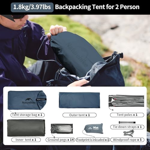Naturehike Cloud-Up 2 Person Tent Lightweight Backpacking Tent with Footprint - Free Standing Ultralight Camping Hiking Backpack Tents Two Person Tent